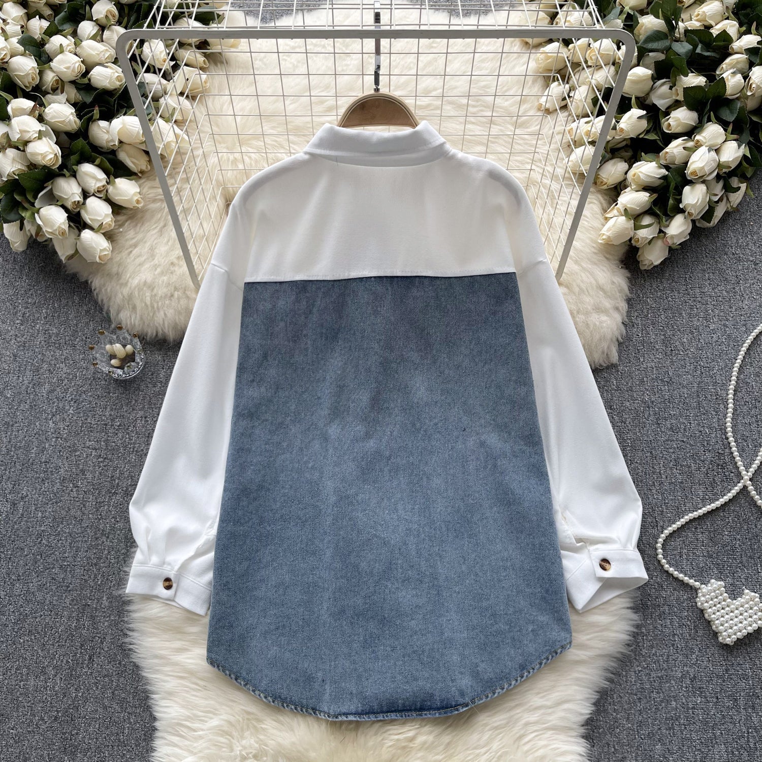 Renk Bloklama Denim Patchwork Gömlek