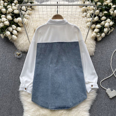 Renk Bloklama Denim Patchwork Gömlek