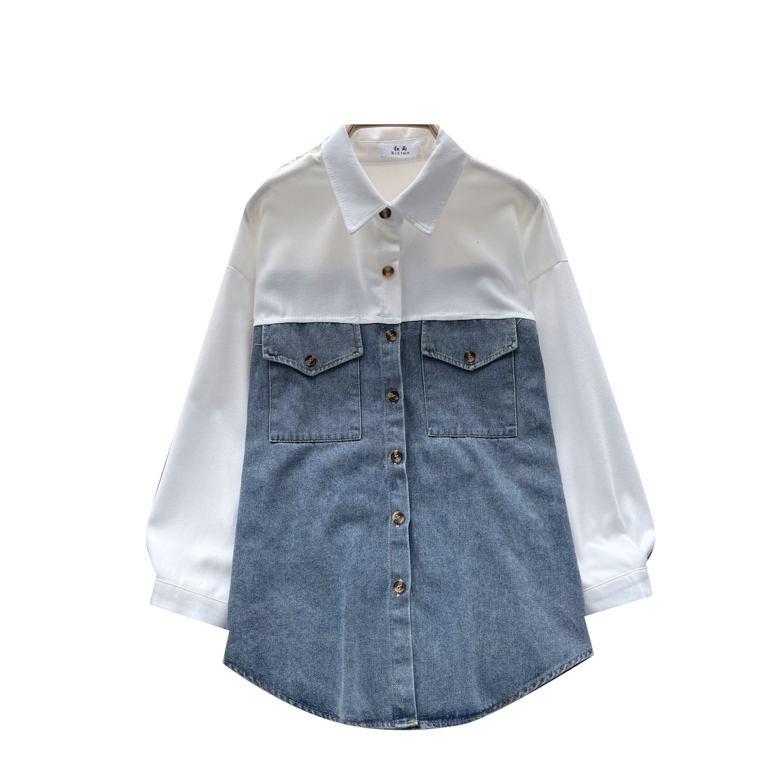 Renk Bloklama Denim Patchwork Gömlek