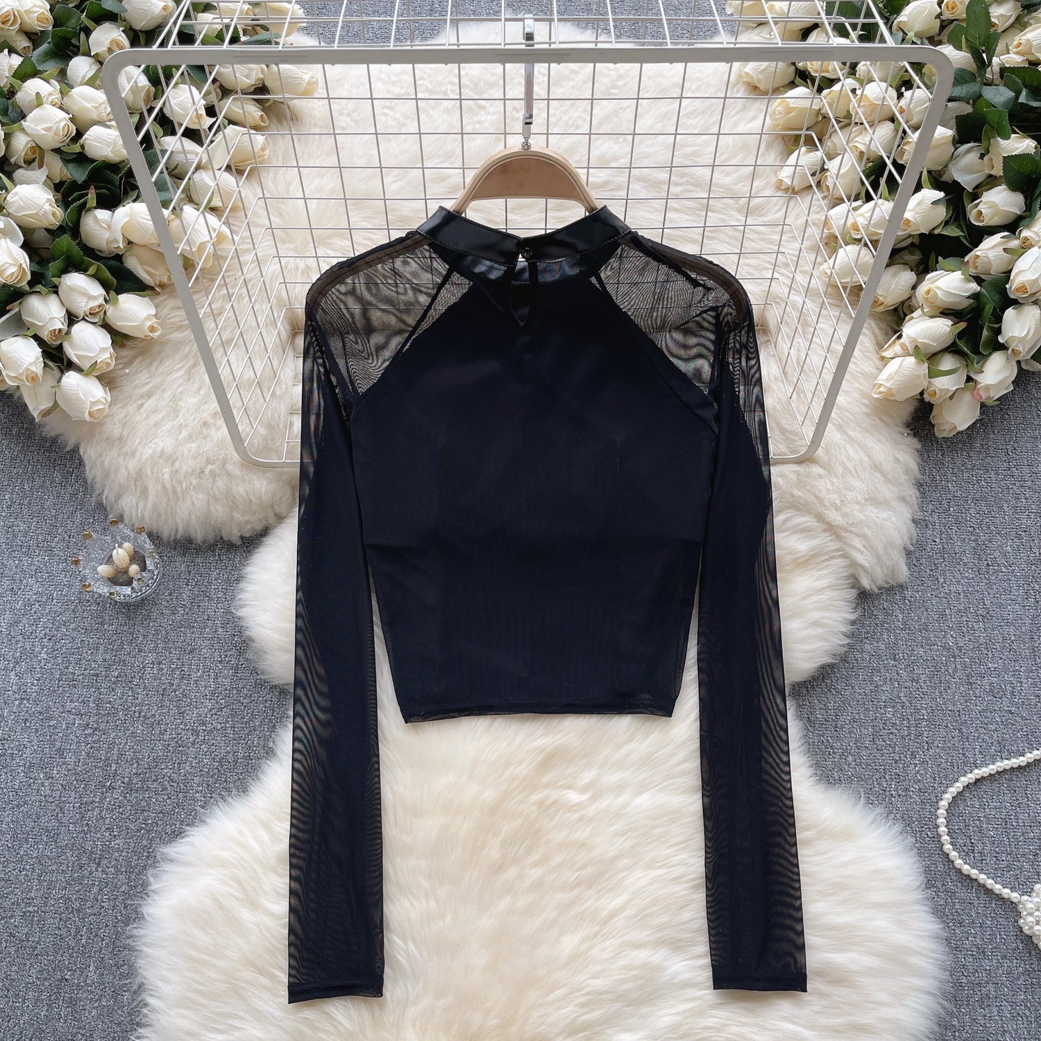 Ağı Mesh Patchwork PU Midriff Açık Üst