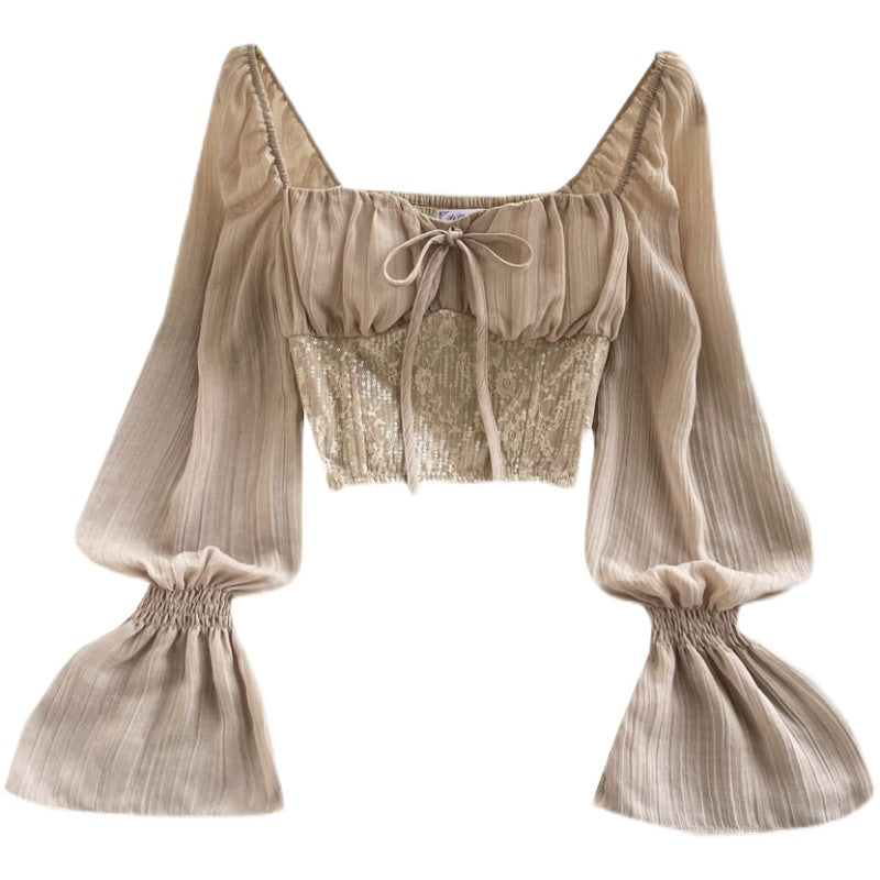 Midriff Açık Pul Payet Slim-fit Bluz