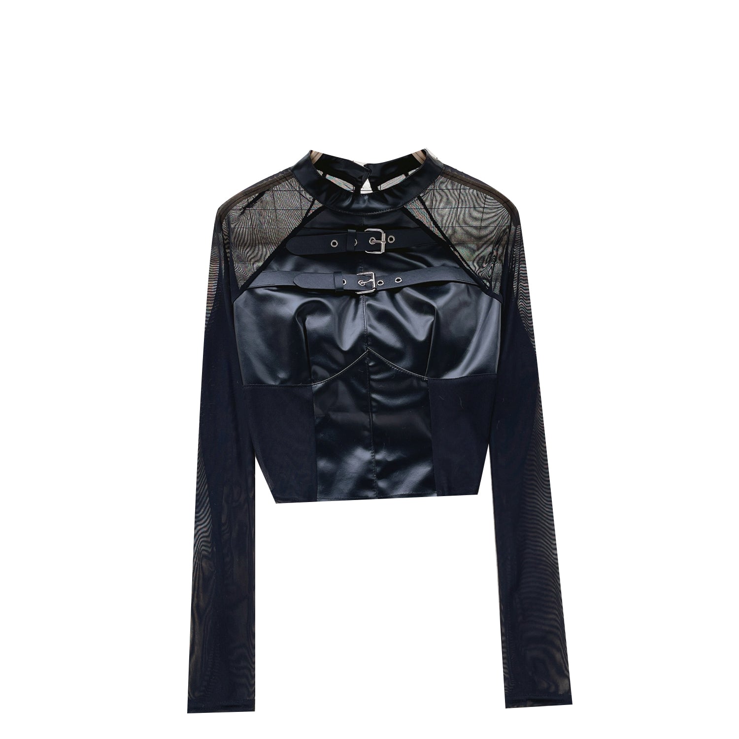 Ağı Mesh Patchwork PU Midriff Açık Üst