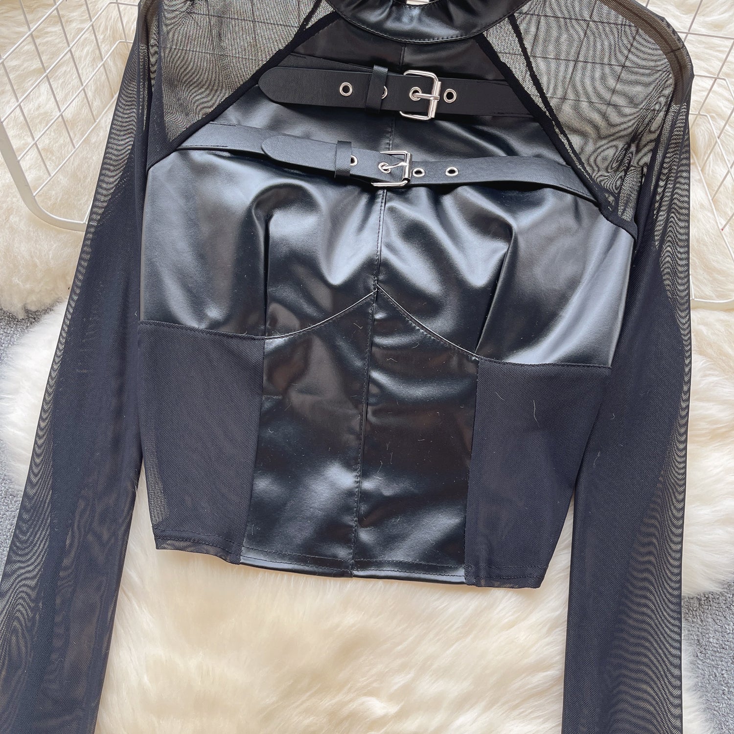 Ağı Mesh Patchwork PU Midriff Açık Üst