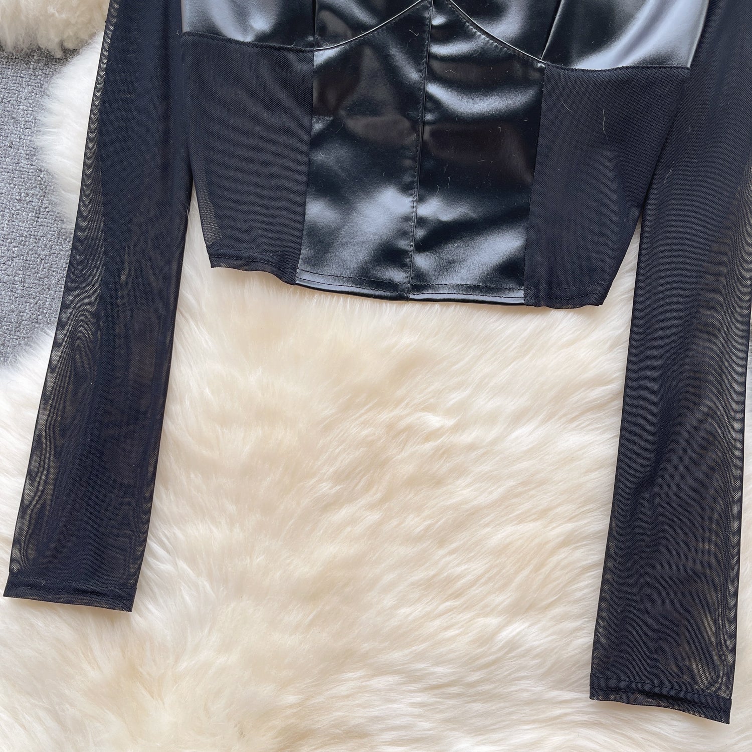 Ağı Mesh Patchwork PU Midriff Açık Üst