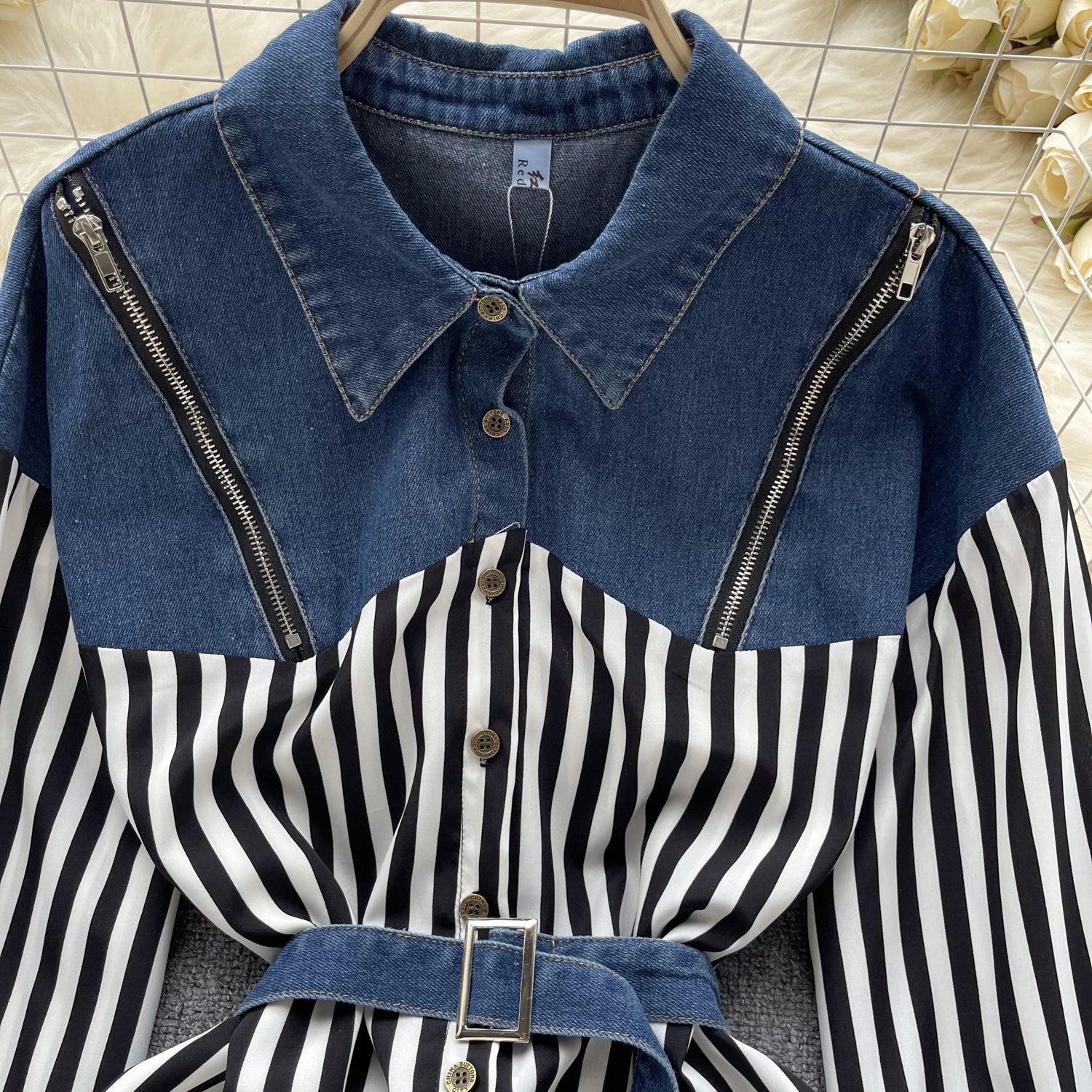 Niş Çizgili Patchwork Denim Gömlek