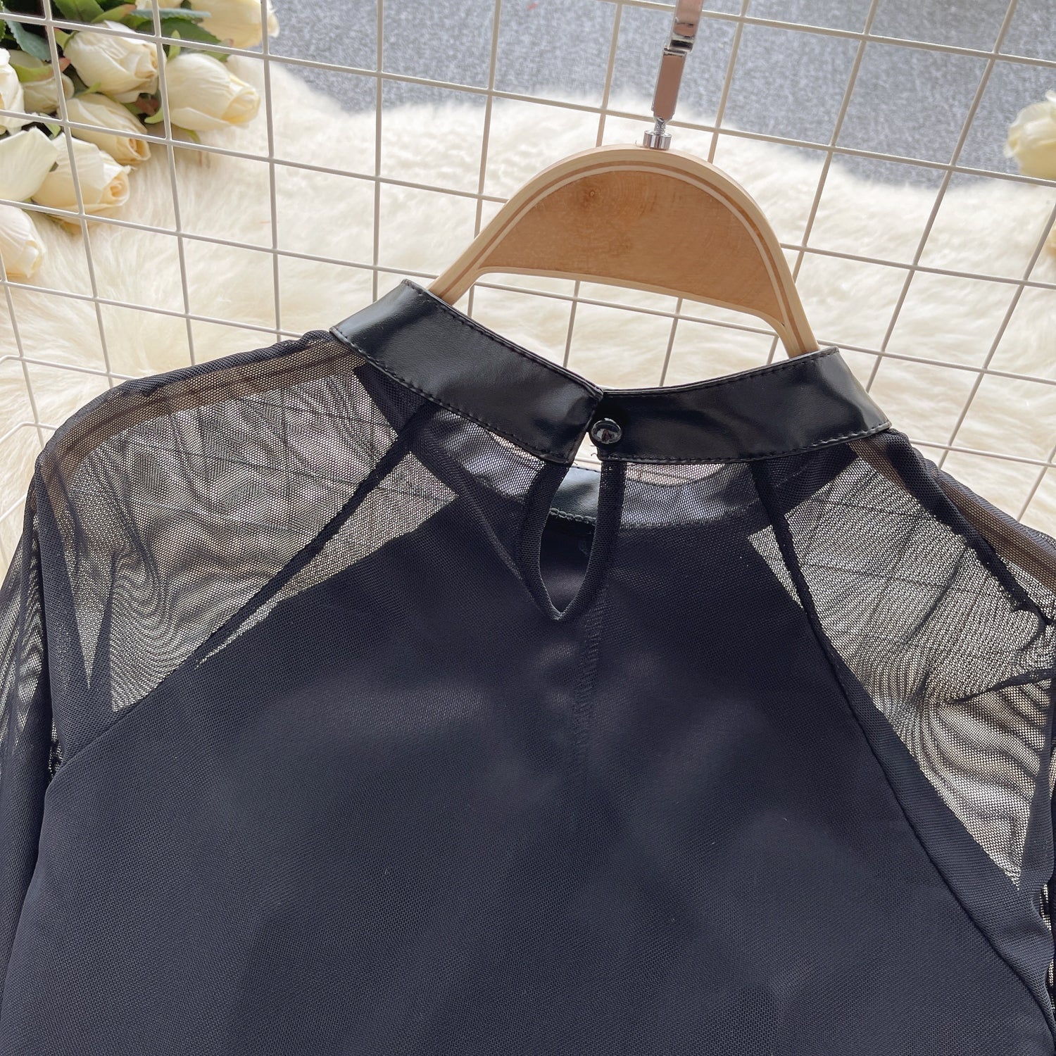 Ağı Mesh Patchwork PU Midriff Açık Üst