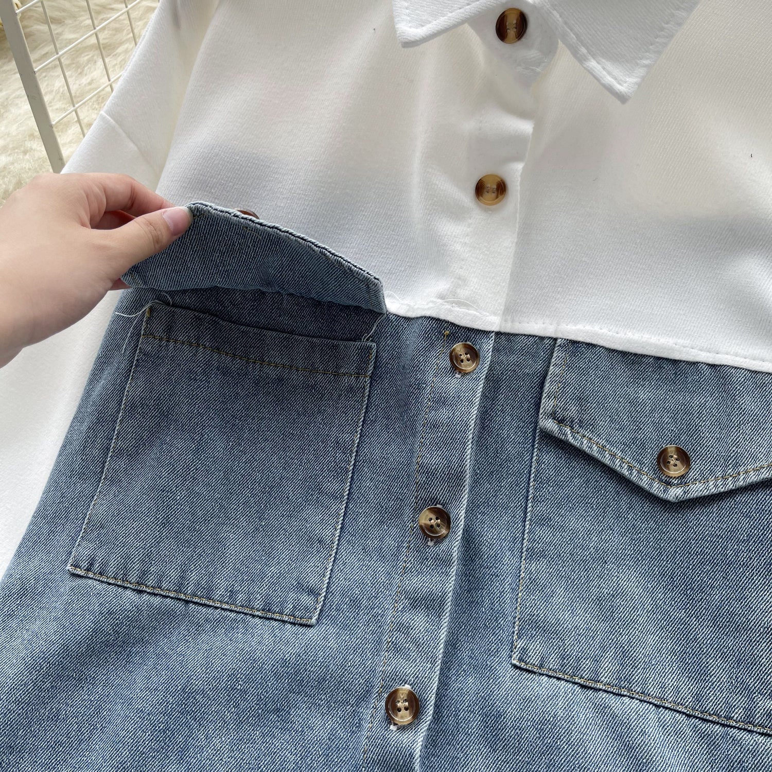 Renk Bloklama Denim Patchwork Gömlek