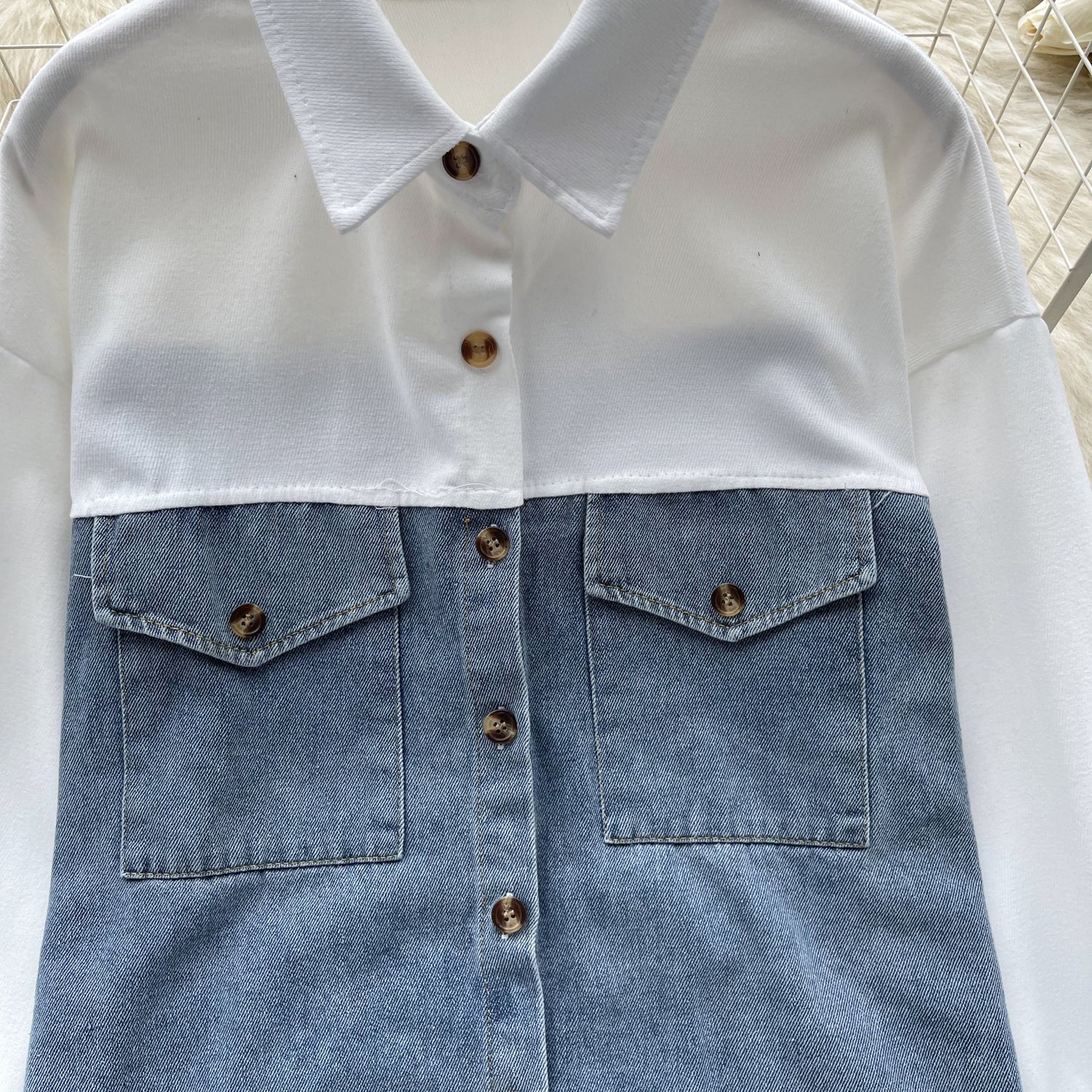 Renk Bloklama Denim Patchwork Gömlek