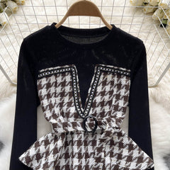 Şık Houndstooth Renk Bloklama Üst