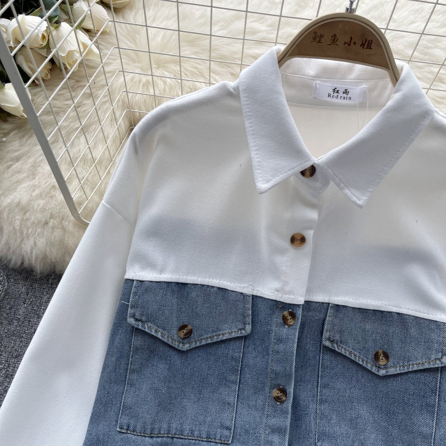 Renk Bloklama Denim Patchwork Gömlek
