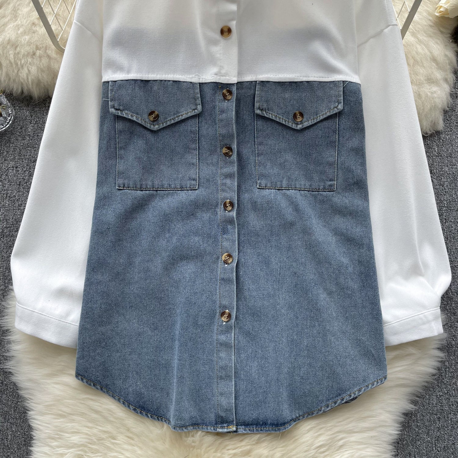 Renk Bloklama Denim Patchwork Gömlek