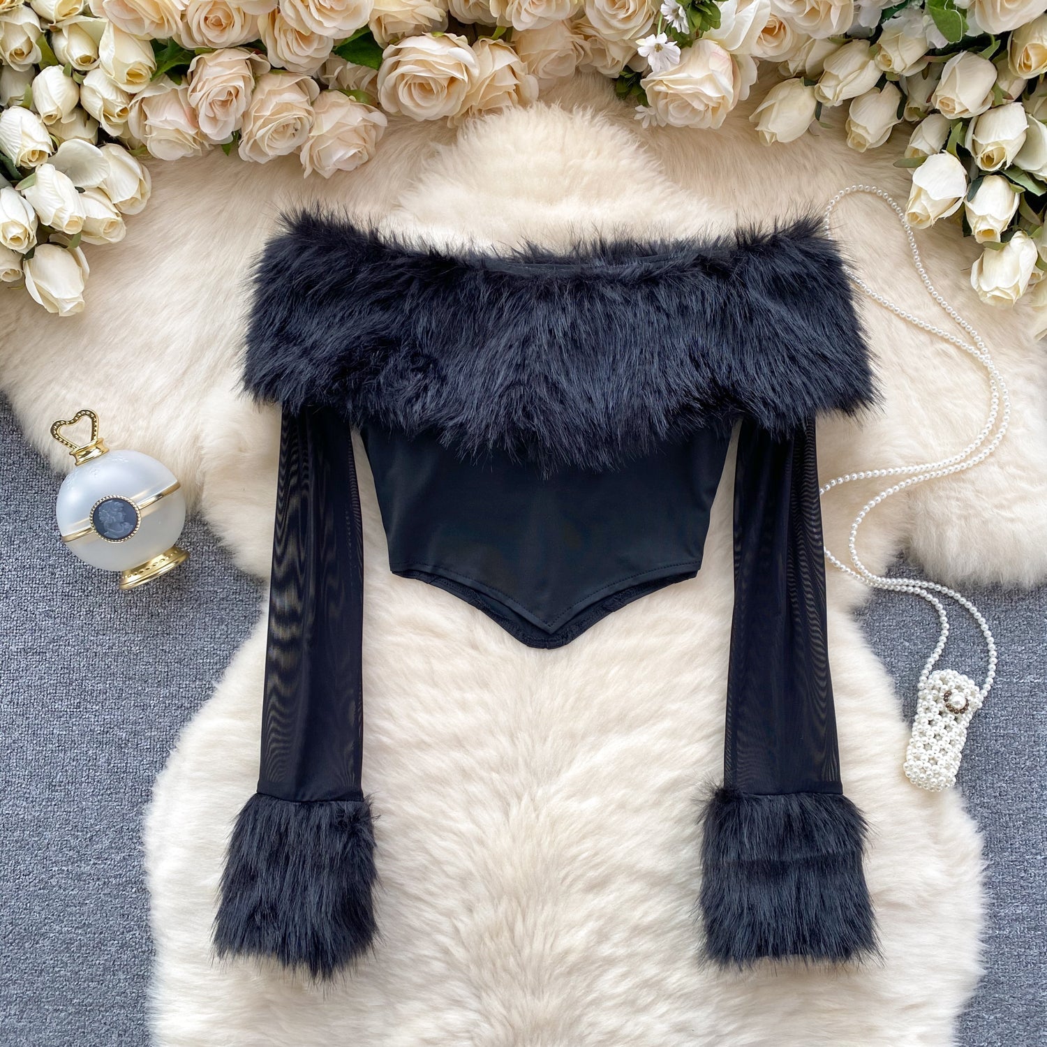 Kabarık Manşet Off-shoulder Siyah Üst