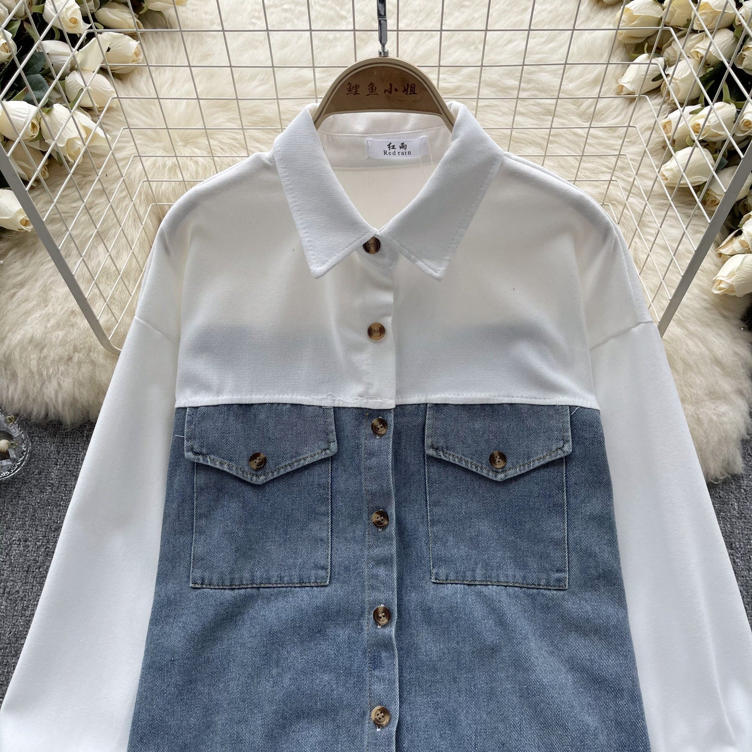 Renk Bloklama Denim Patchwork Gömlek