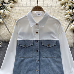 Renk Bloklama Denim Patchwork Gömlek