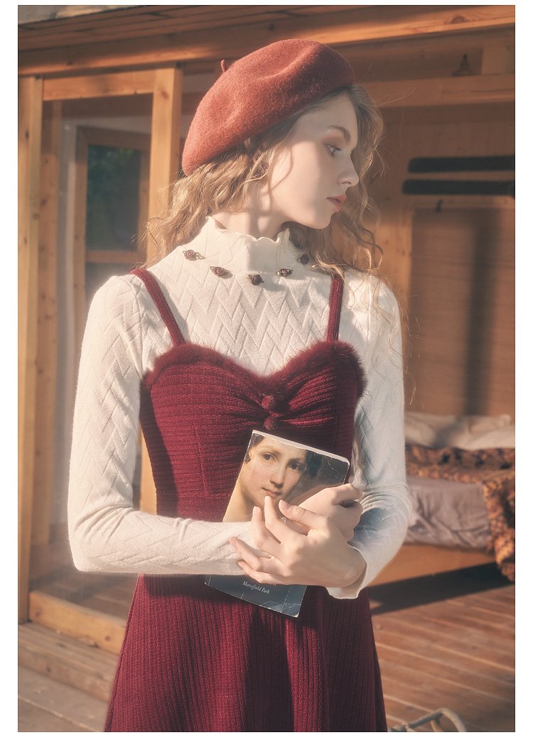 Vintage Örgü Üst ve Kırmızı Elbise Seti