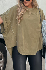 Yüksek Rulolu Kollar ve Perçinlerle Oversize T-Shirt