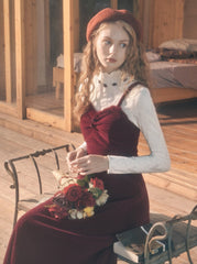 Vintage Örgü Üst ve Kırmızı Elbise Seti