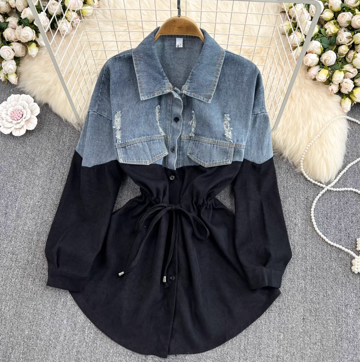 Renk Çatışan Denim Patchwork Gömlek