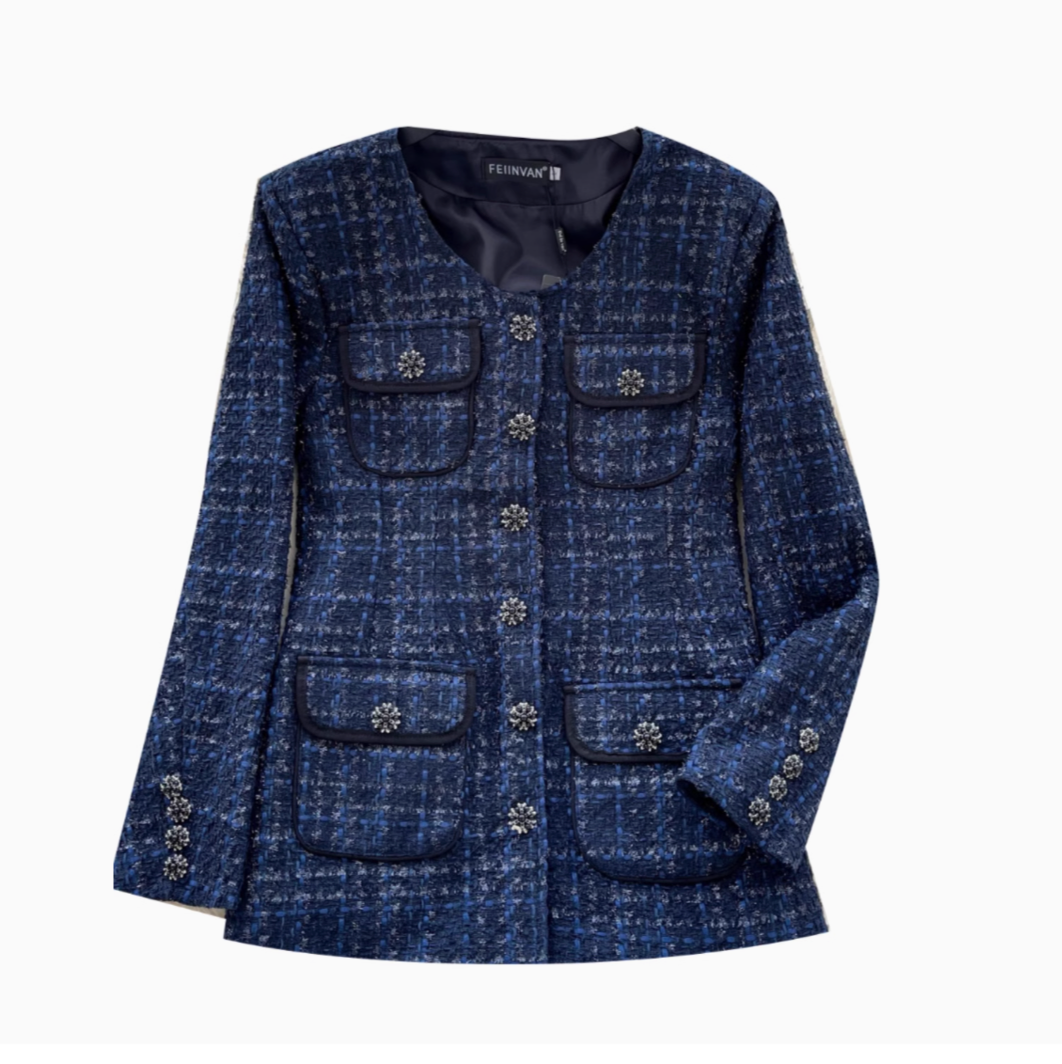Premium Yuvarlak Yaka Tweed Mavi Blazer