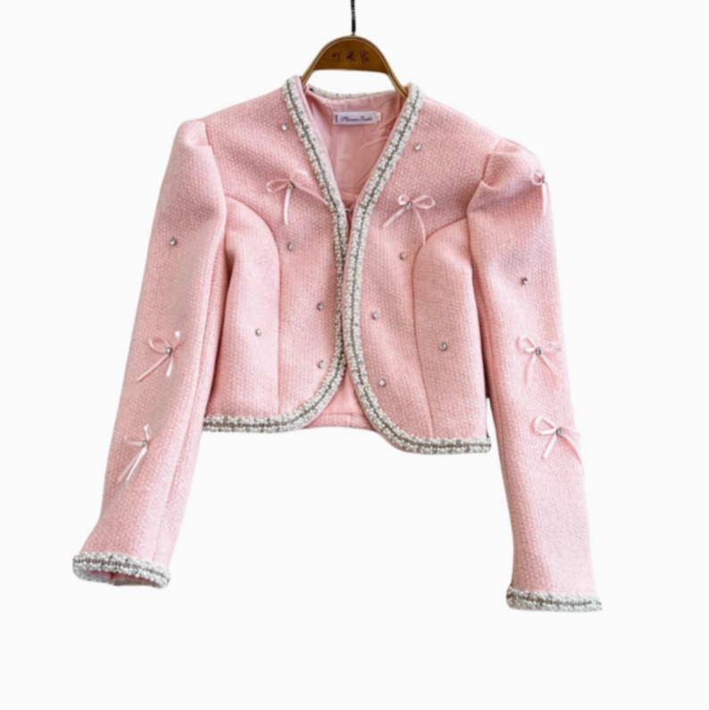 Fiyonk Boncuklu Pembe Tweed Üst