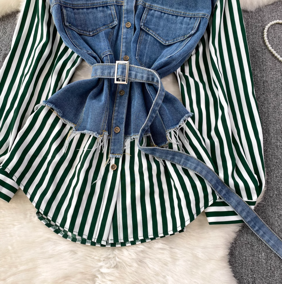 Düzensiz Tasarım Denim Patchwork Çizgili Gömlek