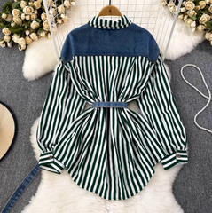 Düzensiz Tasarım Denim Patchwork Çizgili Gömlek