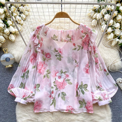 Tatlı Ruffled Şifon Çiçekli Bluz