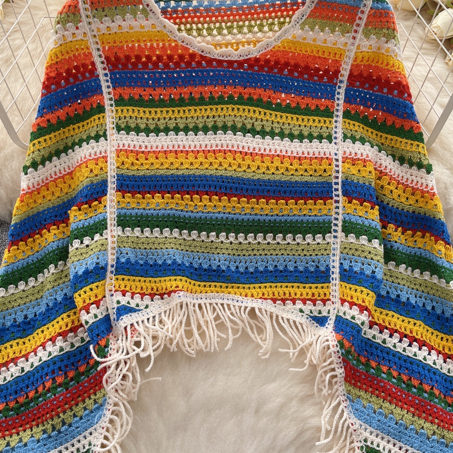 Renkli Çizgili Boşaltılmış Fringed Triko