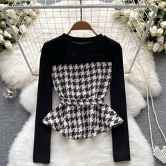 Şık Houndstooth Renk Bloklama Üst