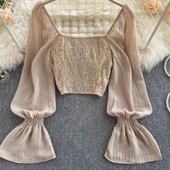 Midriff Açık Pul Payet Slim-fit Bluz