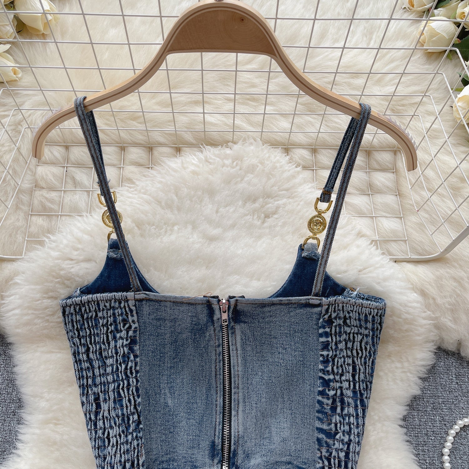 Vintage Plise Denim Askılı Üst