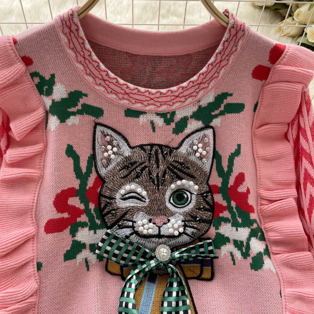 Vintage Ruffled 3D Kedi Desenli Kazak