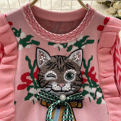Vintage Ruffled 3D Kedi Desenli Kazak