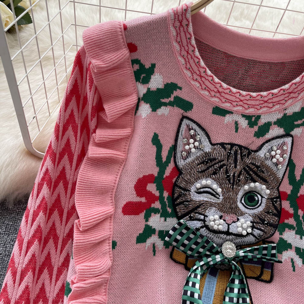Vintage Ruffled 3D Kedi Desenli Kazak