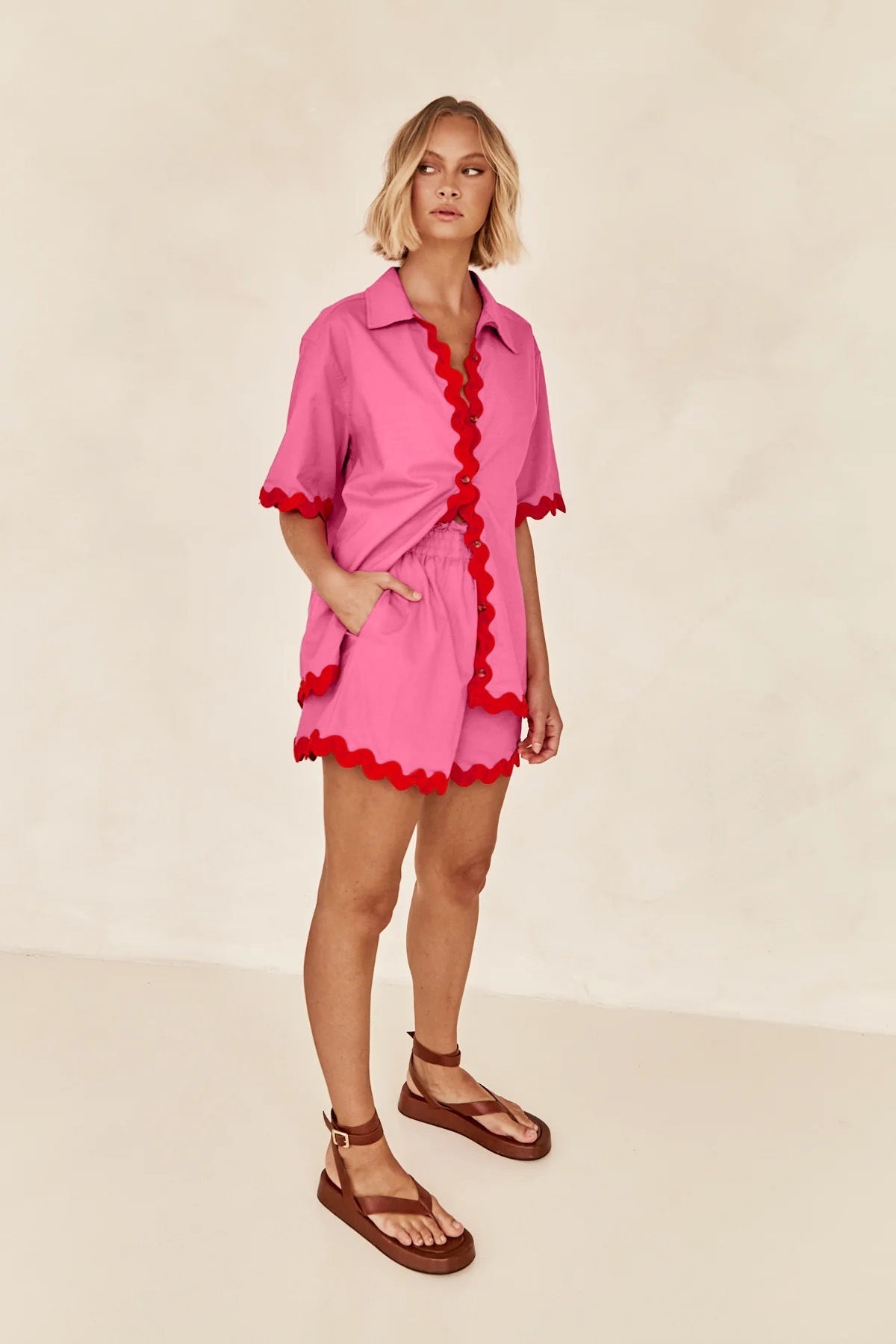 Düz Cardigan Takımı Dalgalı Dikişlerle