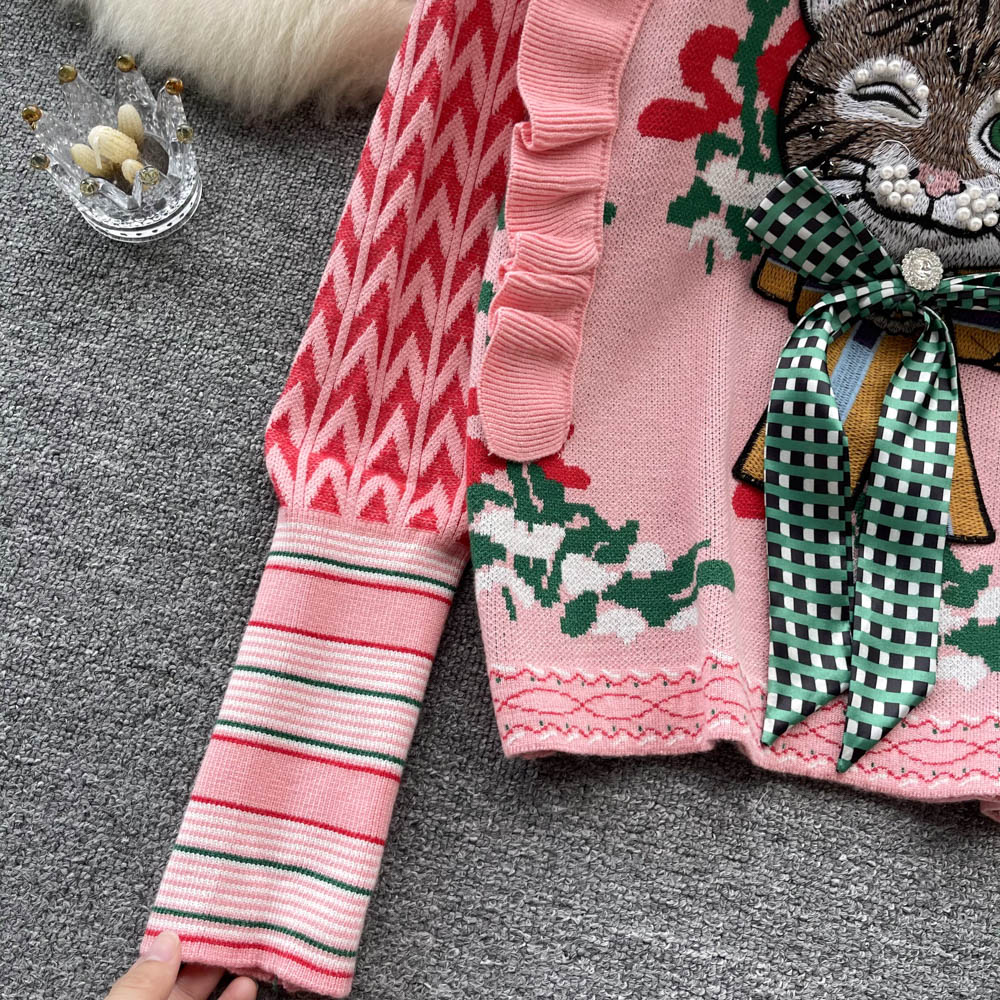 Vintage Ruffled 3D Kedi Desenli Kazak