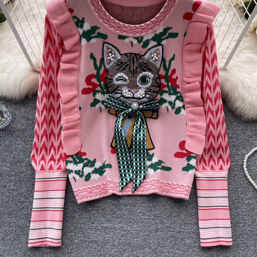 Vintage Ruffled 3D Kedi Desenli Kazak
