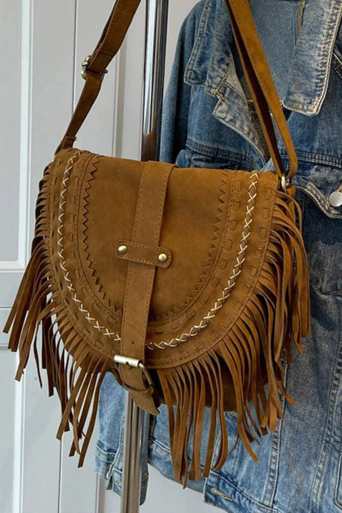Kıvrımlı Franjeli Koyu Kahverengi Western Cowboy Tarzı Çanta