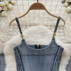 Vintage Plise Denim Askılı Üst