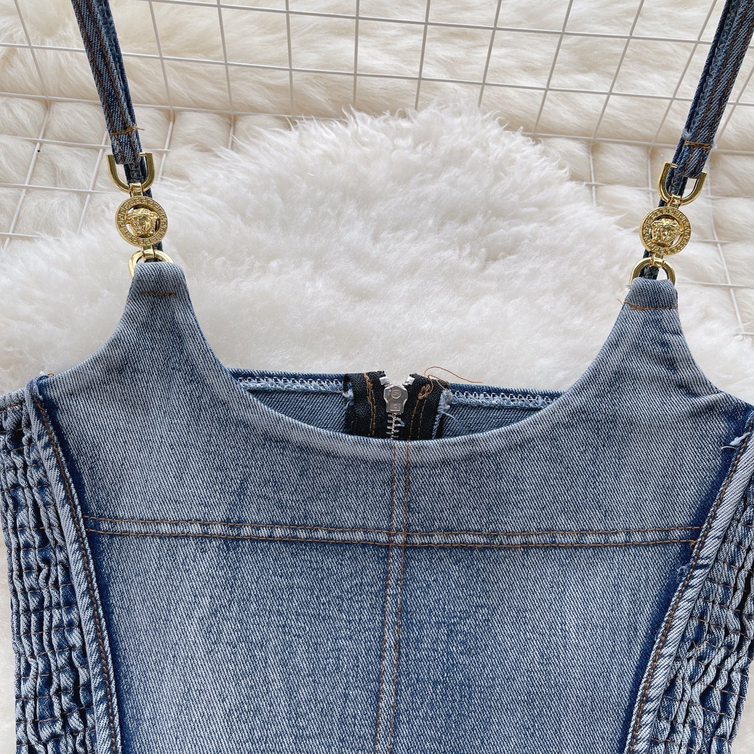 Vintage Plise Denim Askılı Üst