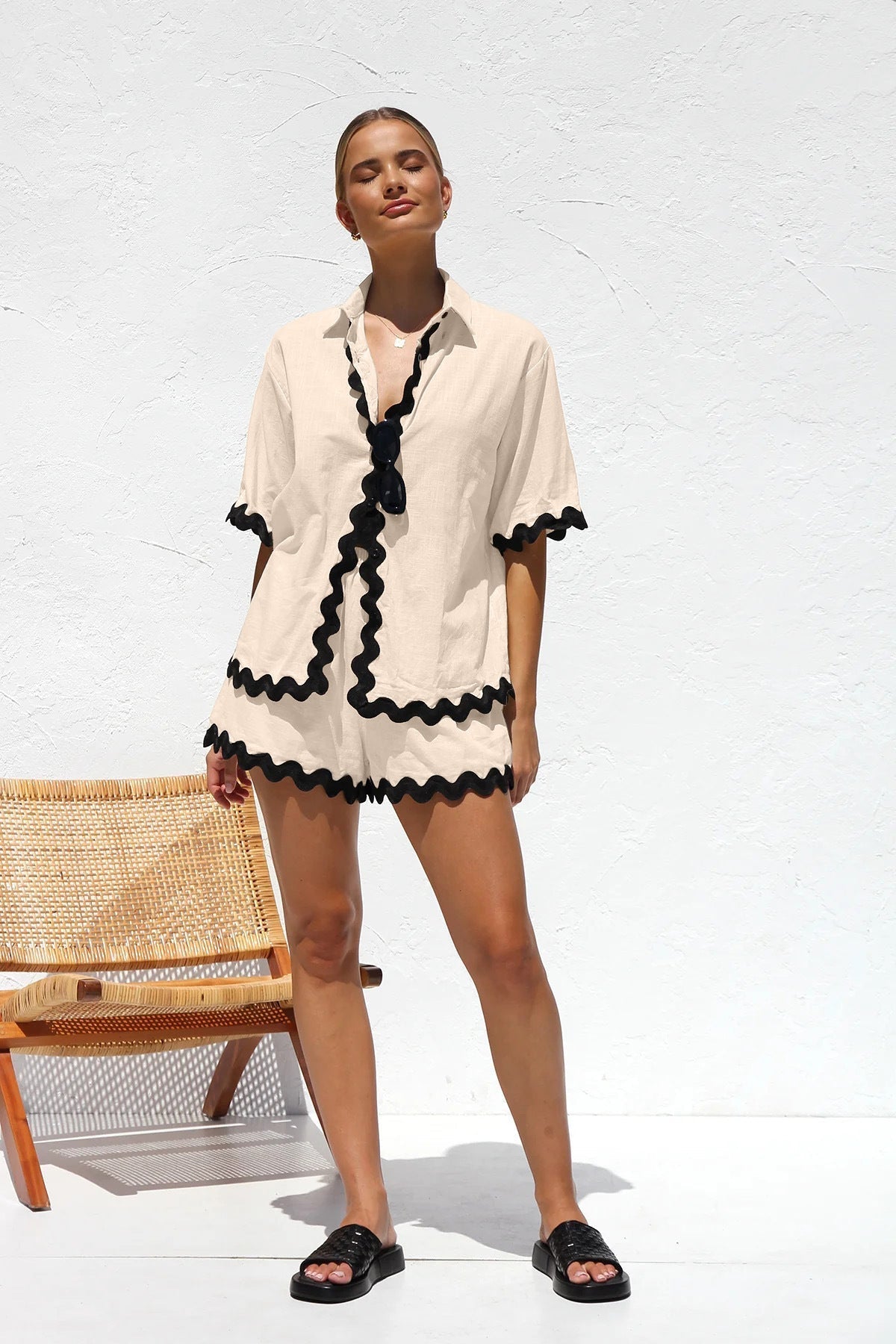 Düz Cardigan Takımı Dalgalı Dikişlerle