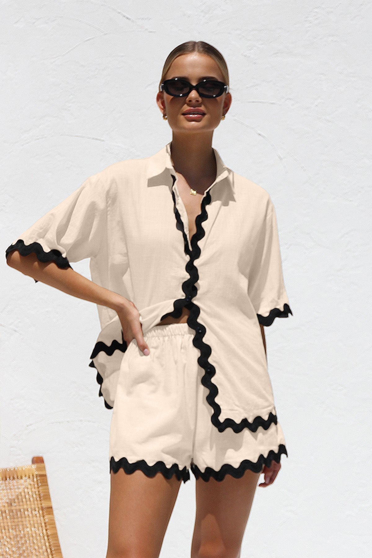 Düz Cardigan Takımı Dalgalı Dikişlerle