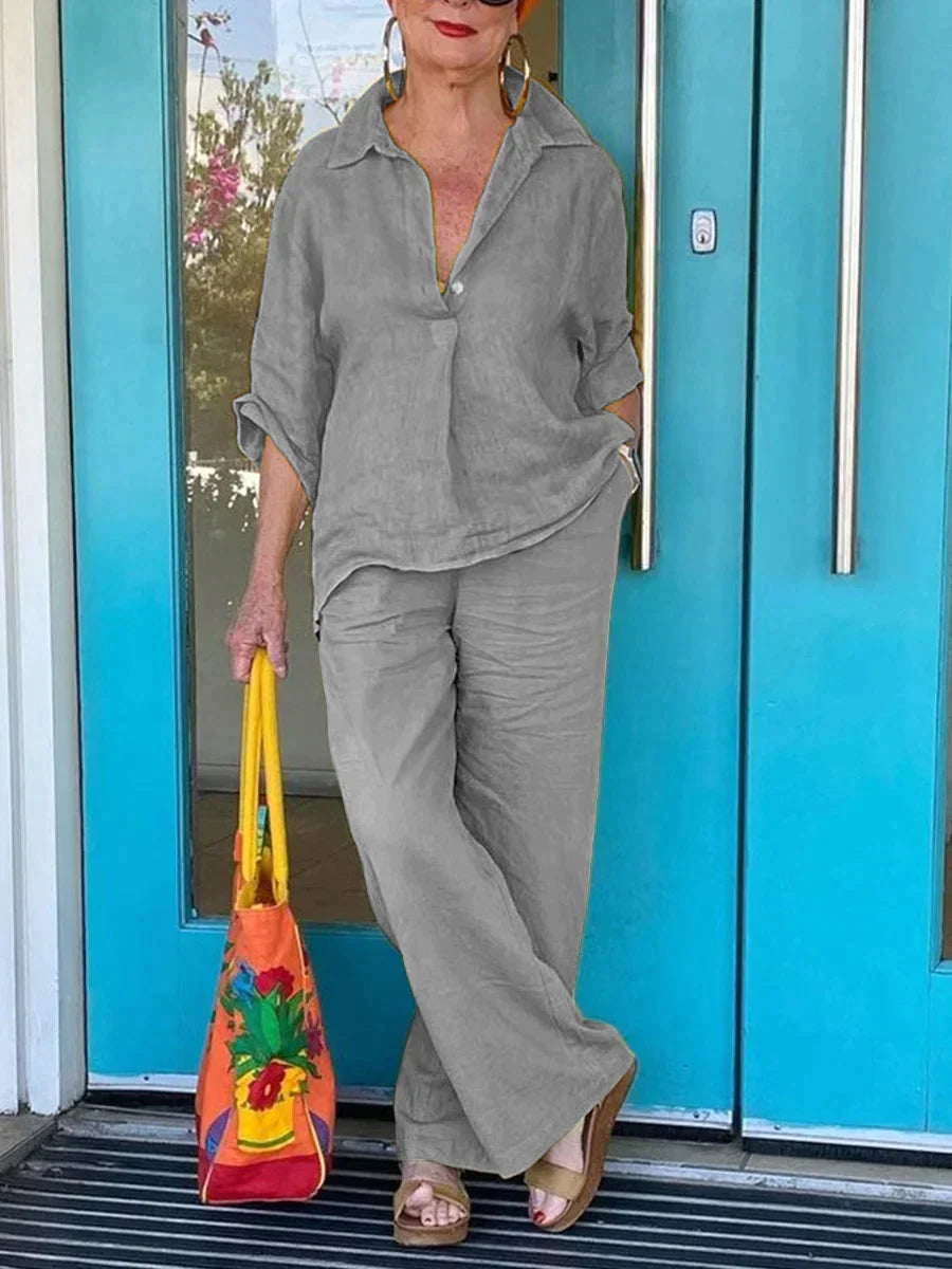 RONELLA - Şık ve İki Parçalı Keten Gömlek ve Keten Pantolon Yaz Seti