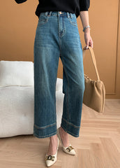 Modern Mavi Cepli Yüksek Bel Denim Kısa Pantolon Sonbahar