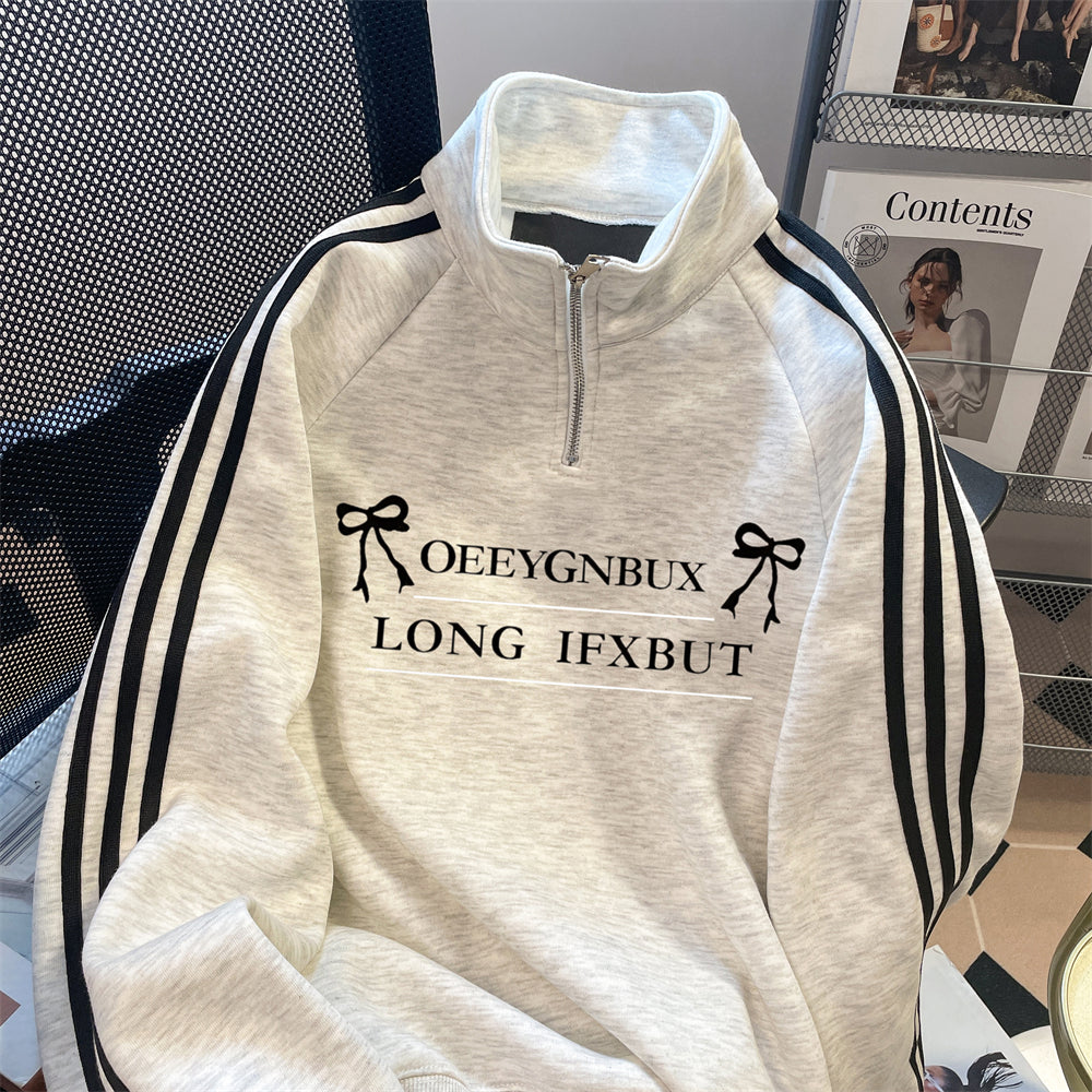 Stand Yaka Fermuarlı Baskılı Sweatshirt