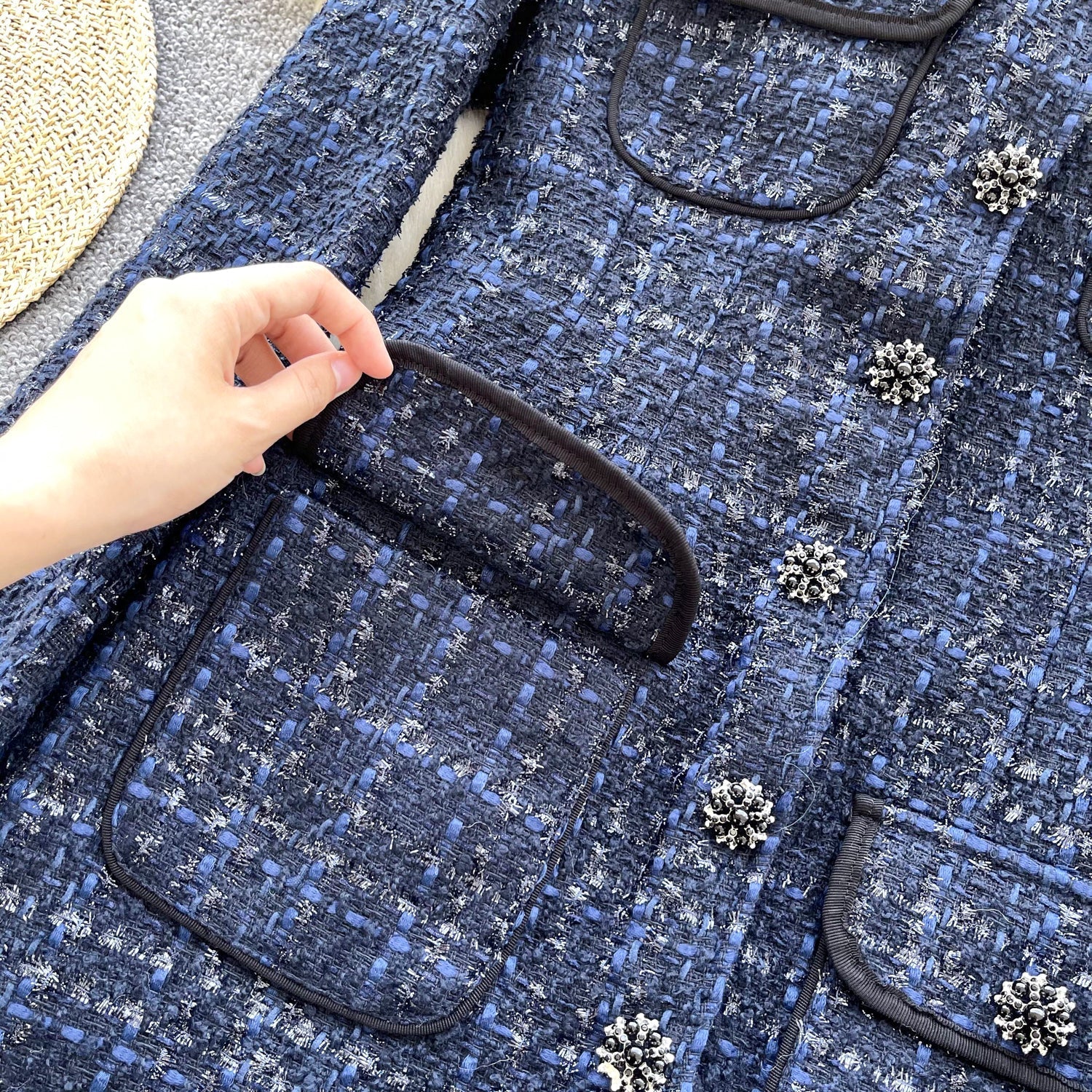 Premium Yuvarlak Yaka Tweed Mavi Blazer