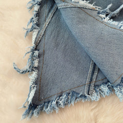 Düzensiz Tasarım Kabarık Denim Sıfır Yaka Bluz