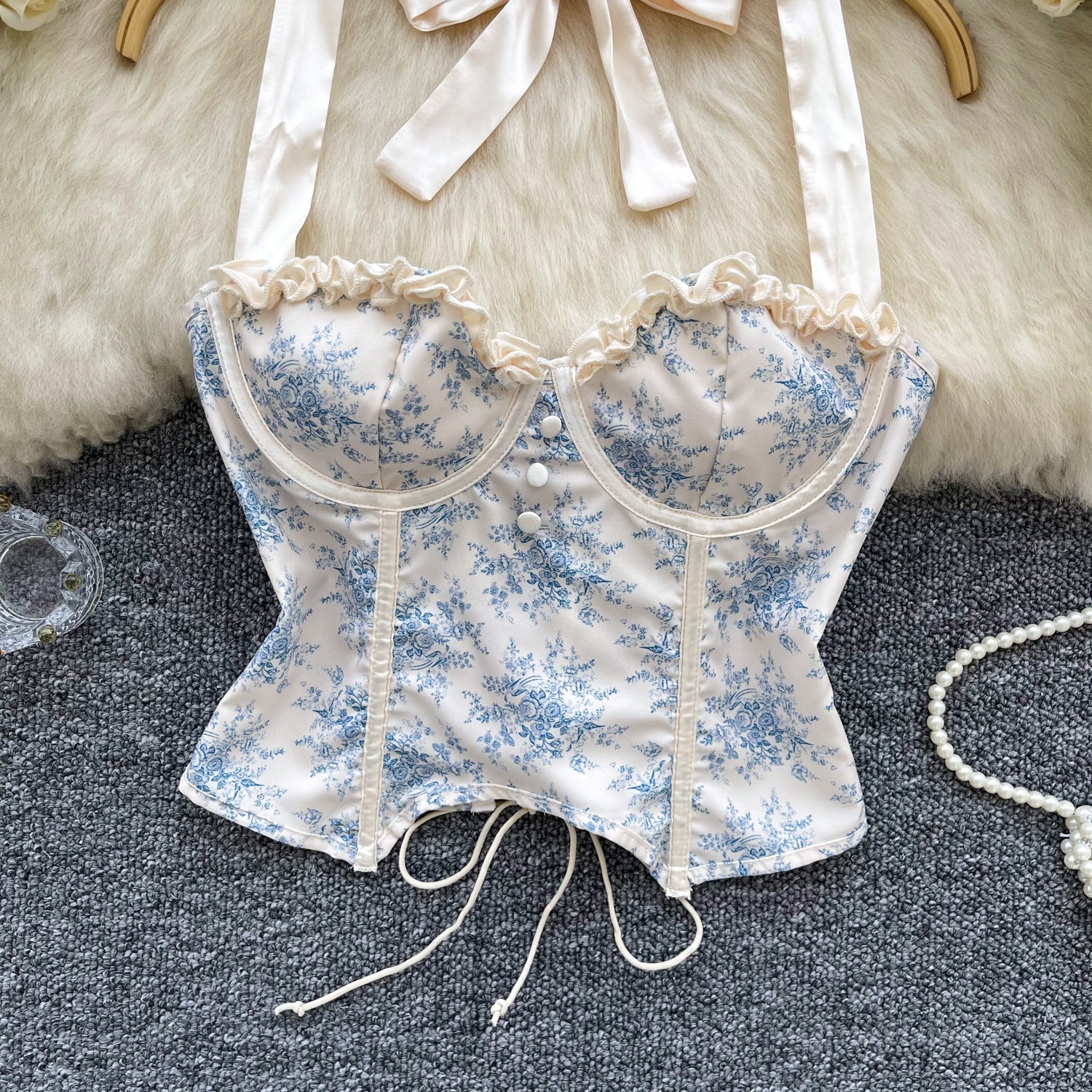 Vintage Çiçekli Bağcıklı Halter Üst