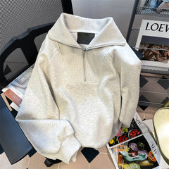 Fermuarlı Polo Yaka Bol Sweatshirt