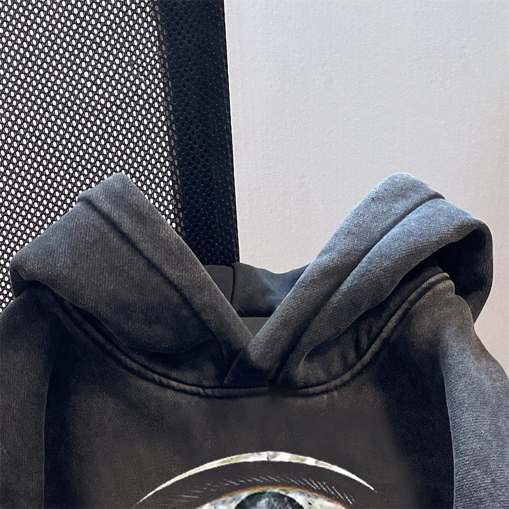 Oversize Yıpranmış Baskılı Kapüşonlu Sweatshirt